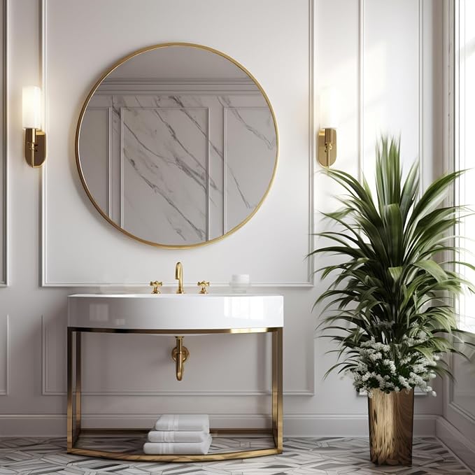 Sunniry Round Gold Mirror, 28 inch Round Mirror, Circle Bathroom Mirrors Metal - Image 3