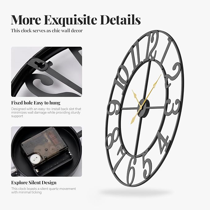 40 Inch Large Wall Clock, Silent Non-Ticking Battery Operated Black Metal Wall - Image 6
