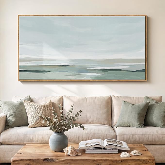 Large Framed Wall Art for Living Room, Horizontal Sage Green Abstract Landscape by Cuspin