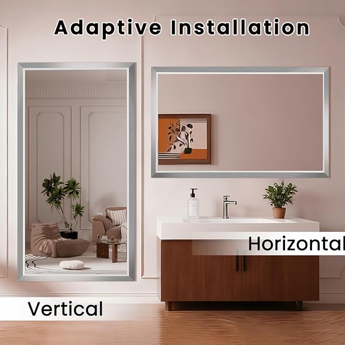 Amorho Bathroom Mirror, 55x32 Inch Silver Thick Metal Framed Wall Mirrors - Image 5