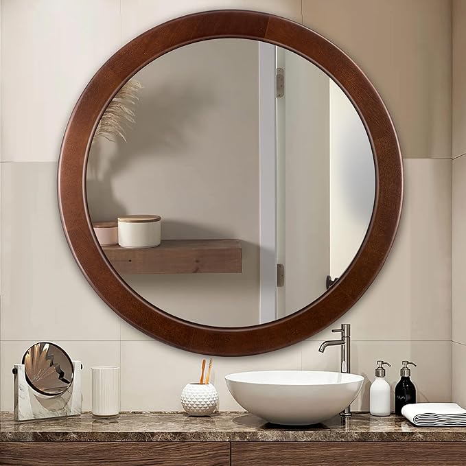 CULER Round Mirrors 30 Inch, Wood Vanity Wall Rustic Mirror - Image 2