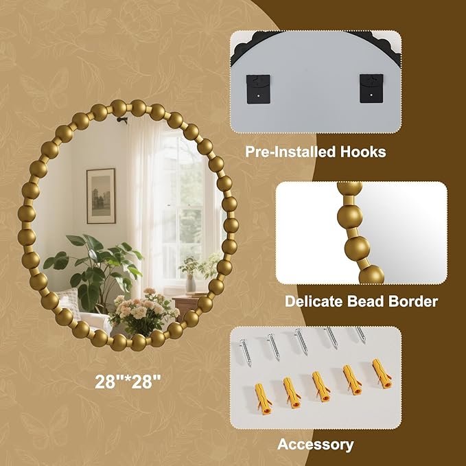Easly Round Mirror for Wall, 28 Inch Gold Beaded Frame Decorative Vanity Mirror - Image 4