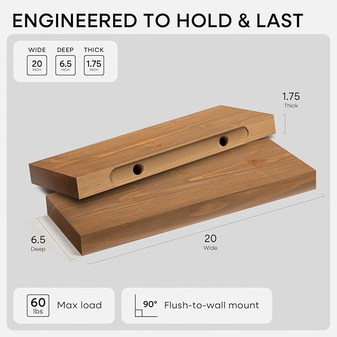 Homeforia 20 inch Golden Oak Floating Shelf, High End Solid Real Wood 20inch - Image 2