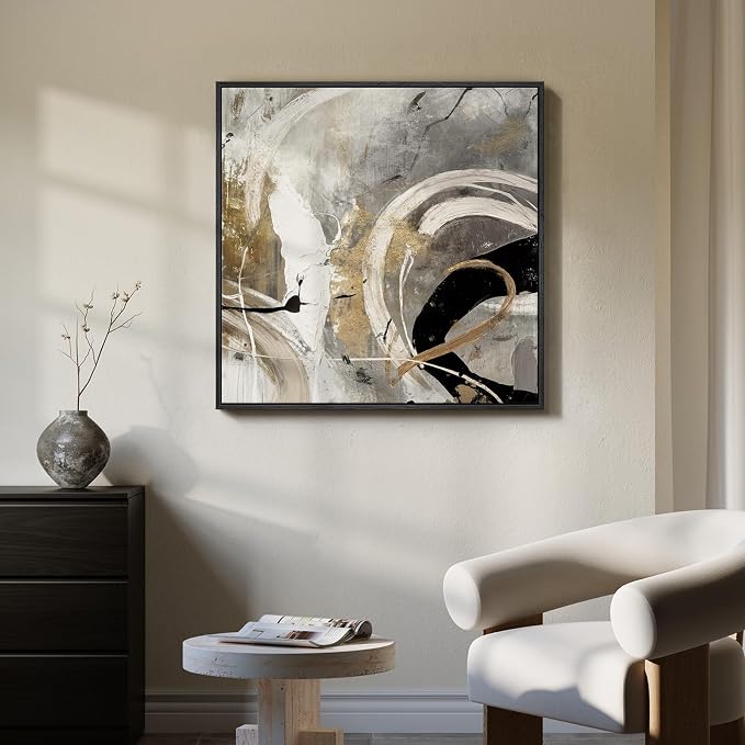 Framed Neutral Abstract Wall Art, Modern Gray Black Gold Canvas Prints Artwork - Image 3