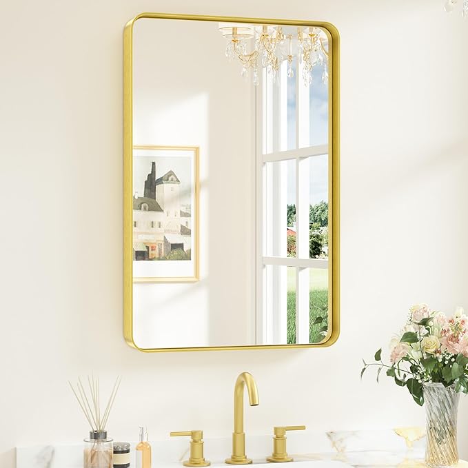Keonjinn Gold Bathroom Mirrors for Wall 20 x 30 Inch Rounded Rectangle Gold by Keonjinn
