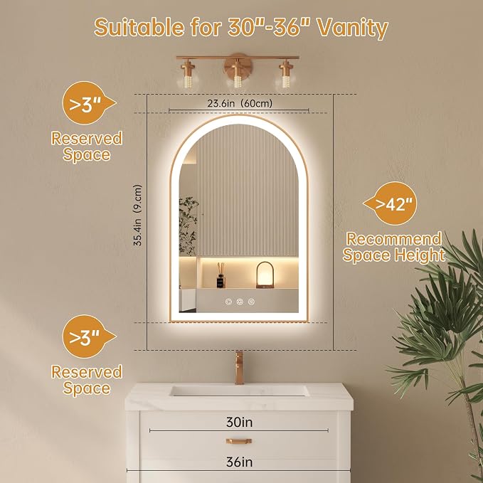 Arched LED Mirror for Bathroom 24"x36", Shatterproof, Touch Sensor, 3 Color - Image 8
