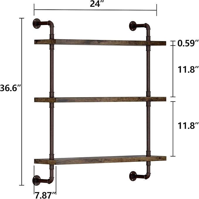 Helsin 3 Tier Industrial Pipe Shelf Rustic Wood Floating Shelves, Wall Display - Image 3