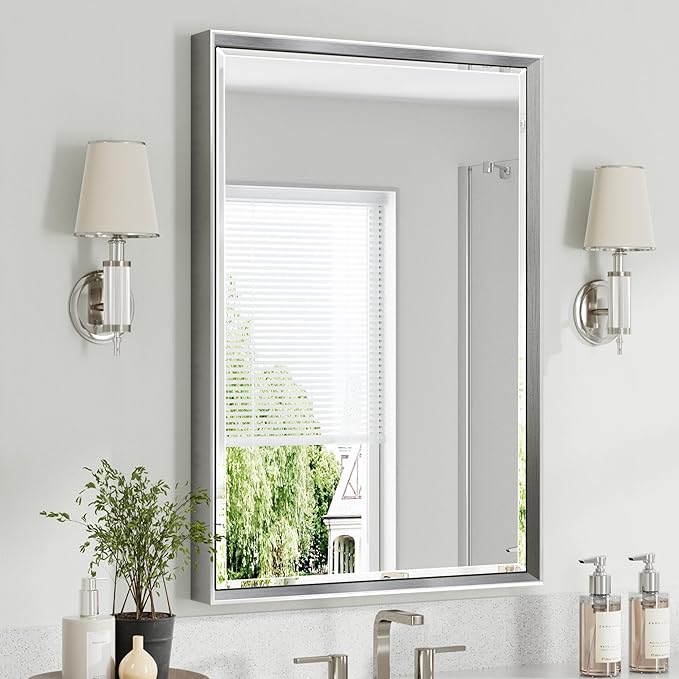 Silver Bathroom Mirror, 24x36 Inch Beveled Vanity Mirror by QUEENFUN
