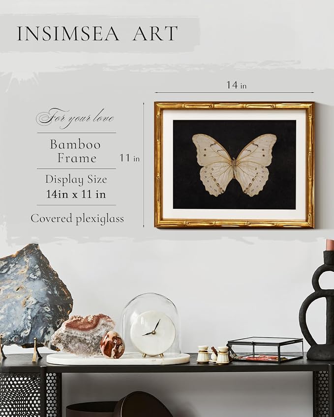InSimSea Gold Bamboo Framed Canvas Wall Art, Retro White Butterfly Animal - Image 3