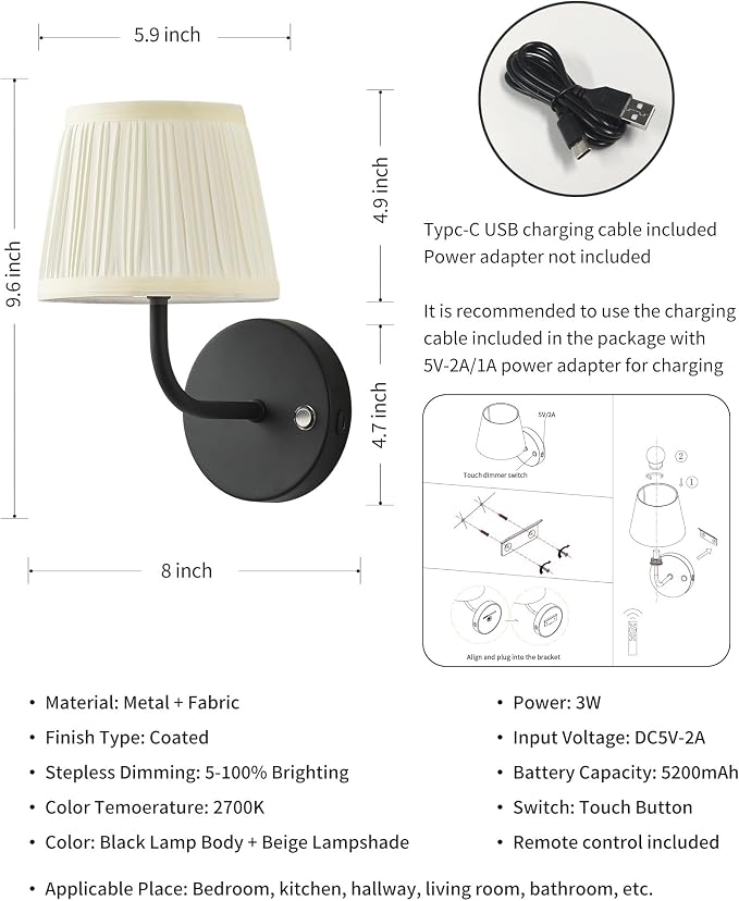 PUSU LED Cordless Black H9.6 inch Small Wall Sconces Set of 2, Rechargeable - Image 5