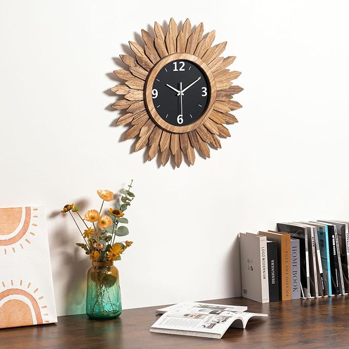 Honiway Large Wall Clock Battery Operated 21 in Rustic Wood Boho Sunburst - Image 7