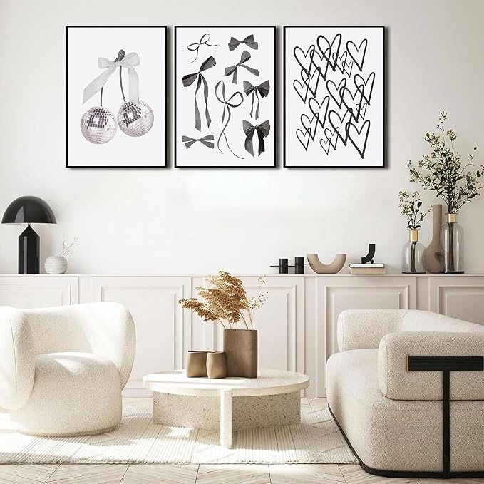 BOKPEN 3pcs Black and White Trendy Preppy Wall Art Bows Disco Ball Many Heart - Image 2