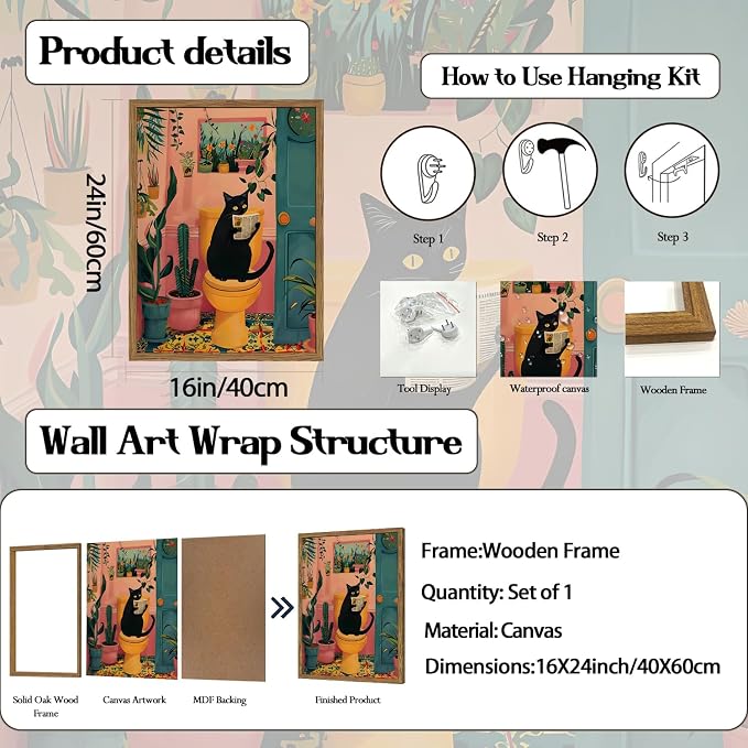Funny Black Cat Bathroom Wall Art Whimsical Cat Reading Newspaper on Toilet - Image 3