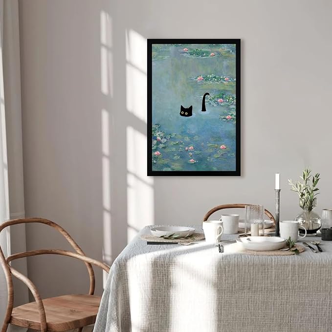 Fantasy Artists Monet Water Lilies Cat Wall Art, Framed Vintage Canvas Art Wall - Image 2