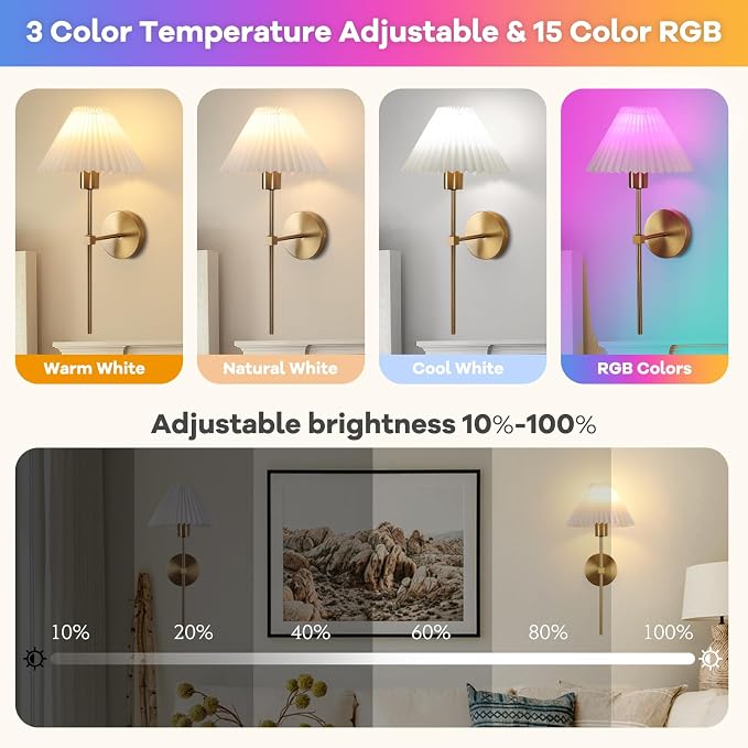 Gold Wireless Wall Sconce Sets of 2, Pleated Shades Rechargeable Battery - Image 3