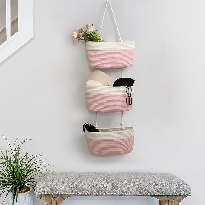 TeoKJ Over the Door Hanging Basket, 3-Tier Woven Cotton Wall-Mounted Storage - Image 6