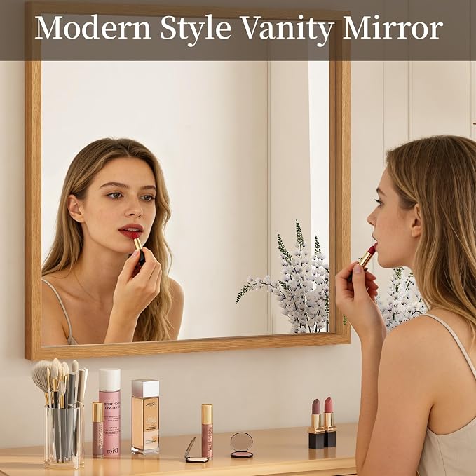 Syndra Square Natural Wood Frame Bathroom Mirror, Waterproof Slim Deep Frame - Image 4