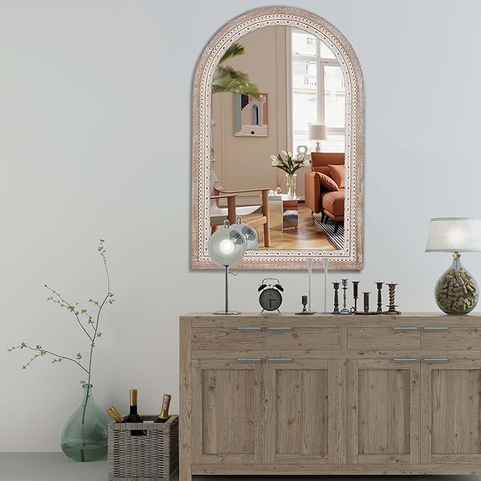 36x24 Inch Rustic Farmhouse Arched Wall Mirror, Boho Distressed Wooden Frame - Image 5