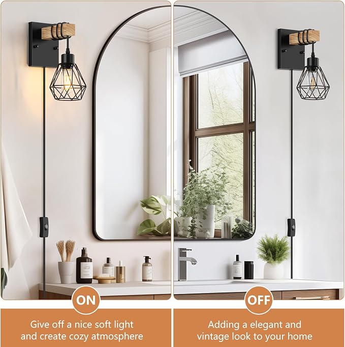 Lomoky Plug in Wall Sconces Set of Two, Vintage Wood Wall Lamps - Image 4