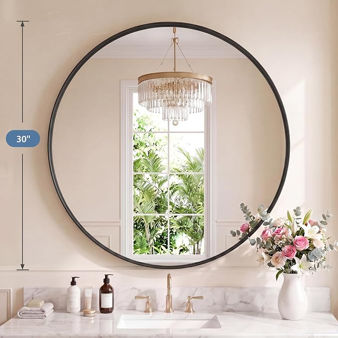 DUMOS 30-Inch Round Wall Mirror, Bathroom Wall Circle Mirror - Image 2