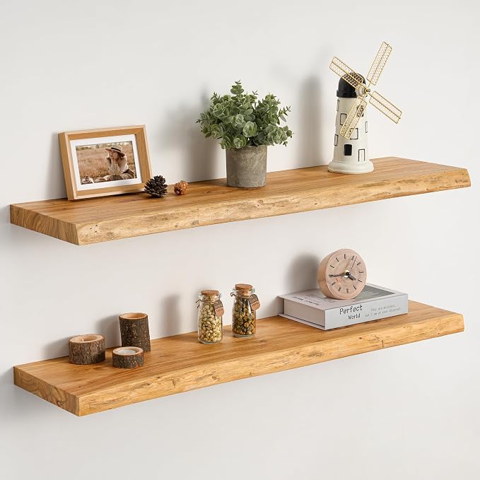 Floating Shelves Set of 2, Solid Elm Wood Wall Shelves 32 Inch by Unknown