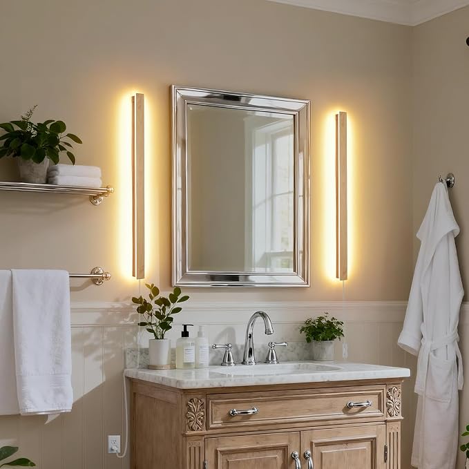 Modern Plug in Long Wall Sconce, 31.4 inch Faux Wood Texture Finish LED Wall - Image 5