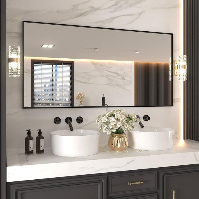 LOAAO 72"X36" Black Rectangle Bathroom Mirror Wall, Matte Black Aluminum Alloy - Image 3