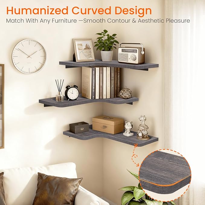 Homode Corner Shelves Wall Mounted, 3 Tier Wooden Hanging Shelves - Image 3