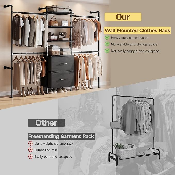 ONBRILL T2 Wall Mounted Industrial Pipe Clothing Rack, Closet Organizers and - Image 7