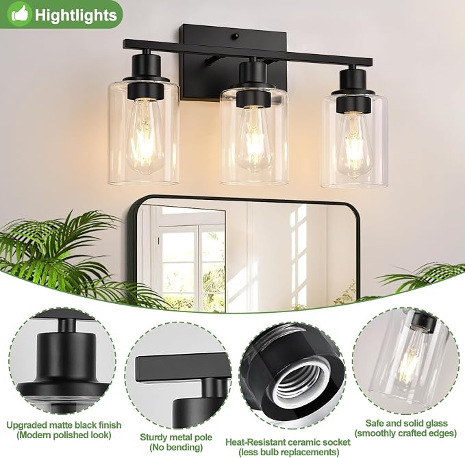 Indoi 3 Light Bathroom Light Fixtures, Matte Black Modern Vanity Lights - Image 4