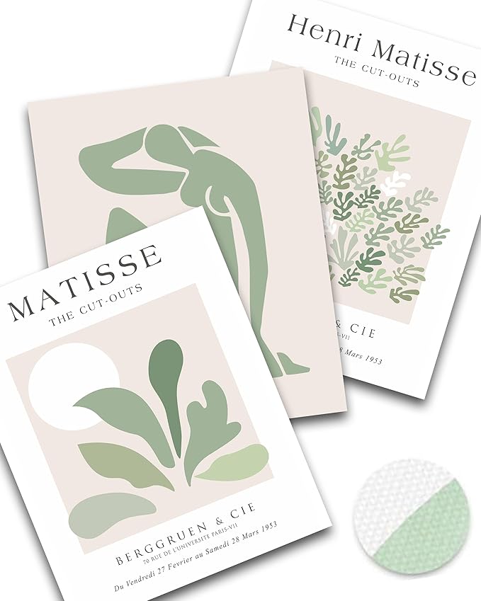 Unframed Sage Green Wall Art Set of 3, 12x16IN Abstract Matisse Wall Decor by HesenDot