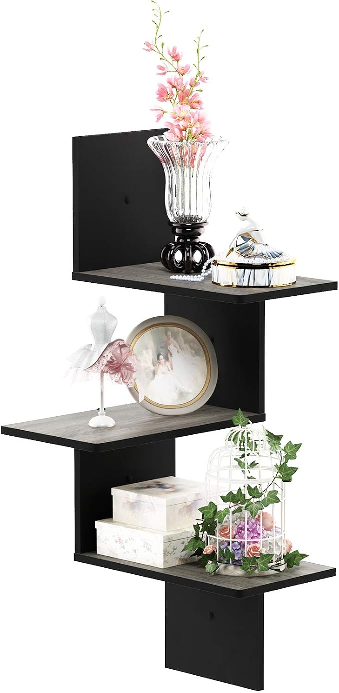 Furinno Rossi Wall Mounted Shelves 3-Tier Rectangle French Oak Grey/Black - Image 6