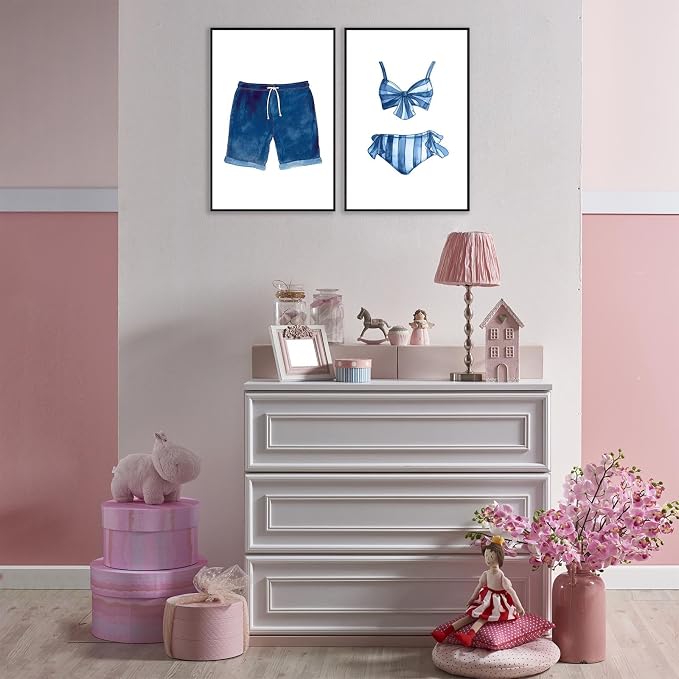Liyark Set of 2 Retro Navy Blue And White Swimsuit Art Posters Beach Bathing - Image 3