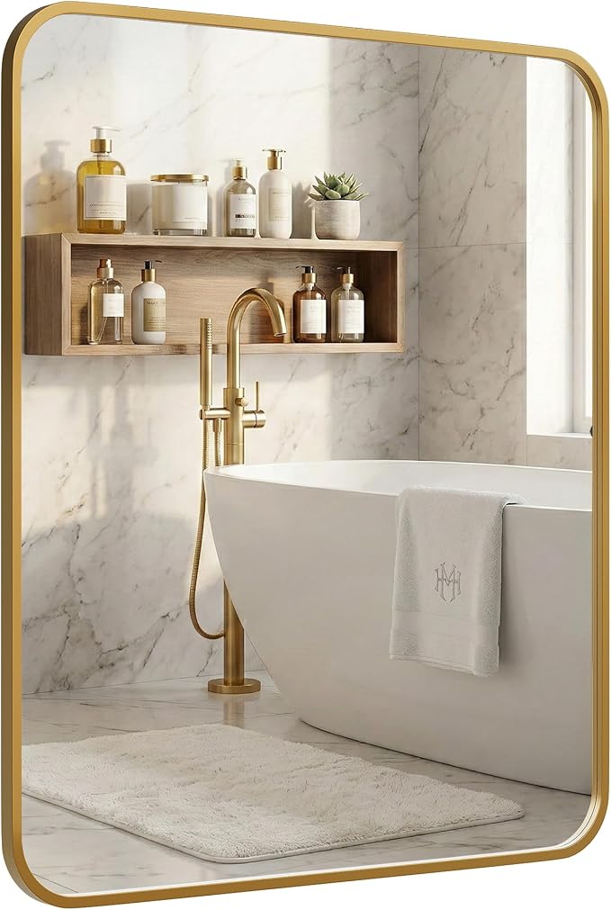 30x36 Inch Matte Gold Bathroom Vanity Mirrors | Flush Mount Deep Set Metal Wall by Pocetry