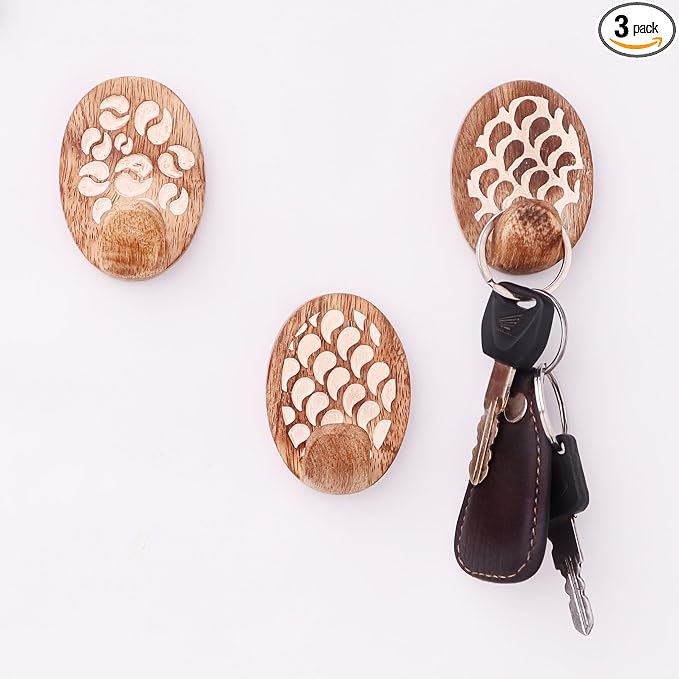 Indian Shelf 6 Lb- 3 Pieces Decorative Wood Adhesive Wall Hooks–Boho Peel and by IndianShelf