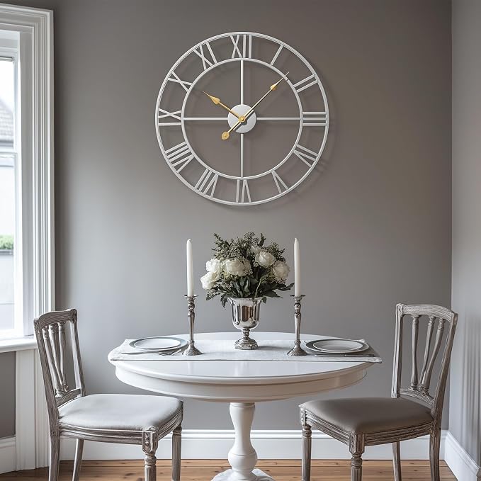 Cuspin 20 Inch Wall Clock Large Silver Decorative Clocks, Modern Metal Round - Image 3