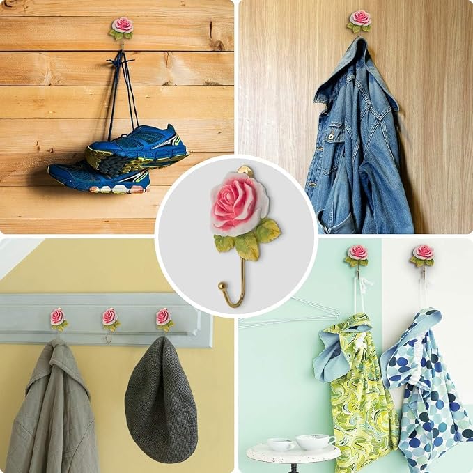 2 Pcs Pink Rose Decorative Wall Hooks, Fancy Resin Flower Towel & Key Hooks - Image 3