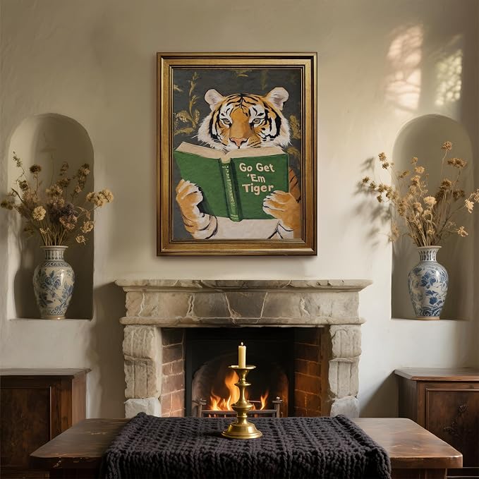 Vintage Gold Framed Wall Art Go Get Em Tiger Poster Funny Animal Reading Book - Image 7