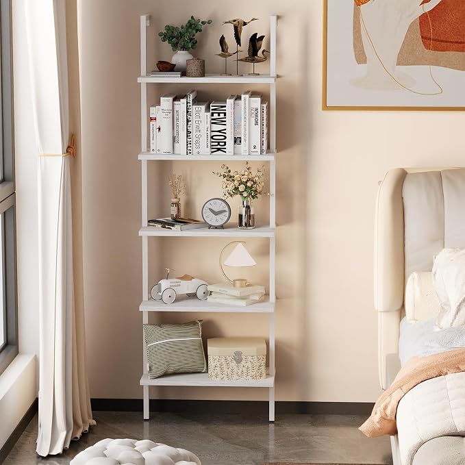 aboxoo Ladder Shelf White Wooden Bookshelf 5-Tier Wall-Mounted Open Wood Rack - Image 2
