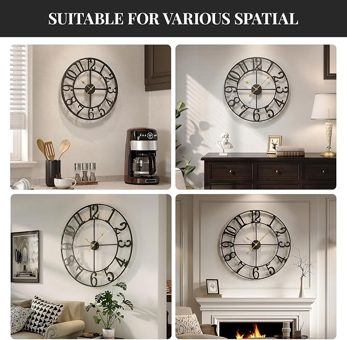 Cuspin 16 Inch Large Wall Clock, Modern Black Metal Clock - Image 5