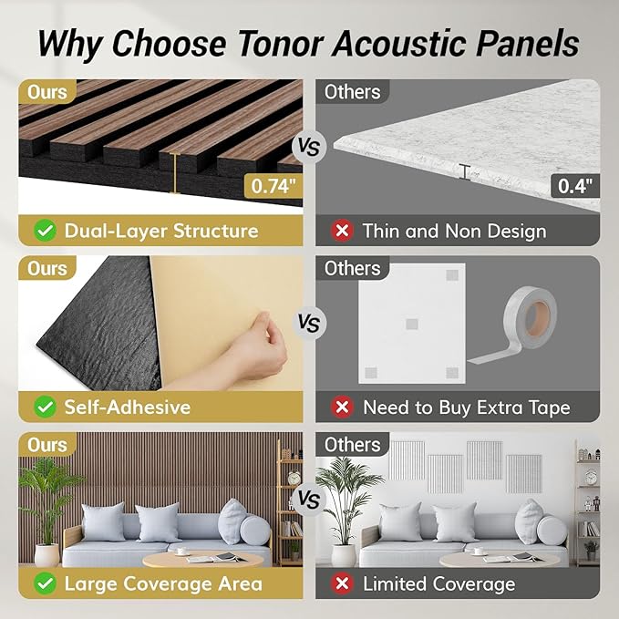TONOR Dual-Layer Thickened Acoustic Wood Wall Panels Self Adhesive, 4 Pack - Image 3
