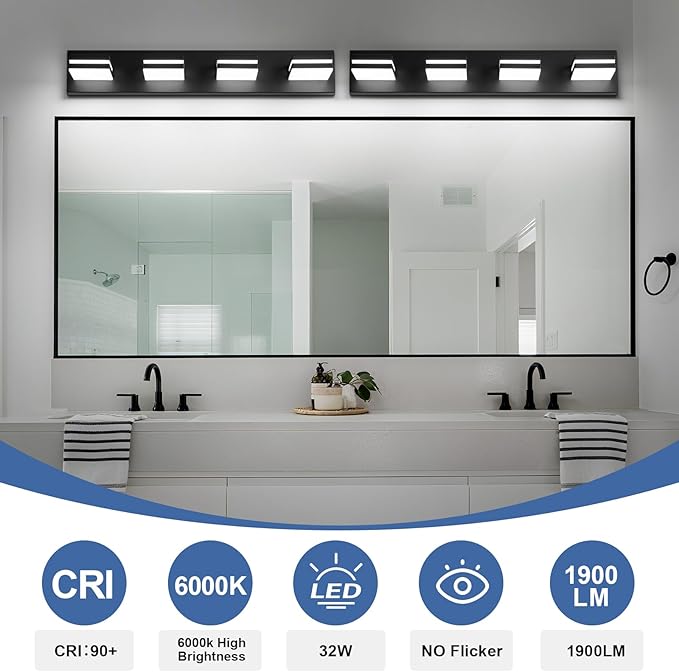 Modern LED Bathroom Lights Fixtures 4-Light, Metal Black Acrylic Wall Lighting - Image 4