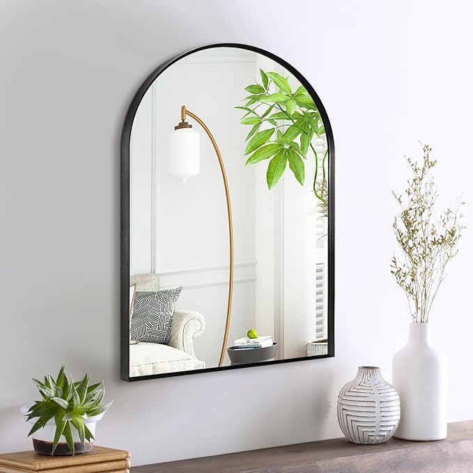 16" x 20" Black Arched Mirror, Arch Bathroom Wall Mirror, Metal Frame Arched by Minuover
