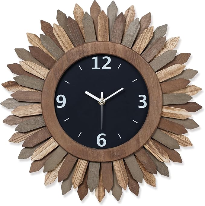 Honiway 16 Inch Wall Clocks, Rustic Wood Boho Sunburst Decorative Wall Clock by Honiway