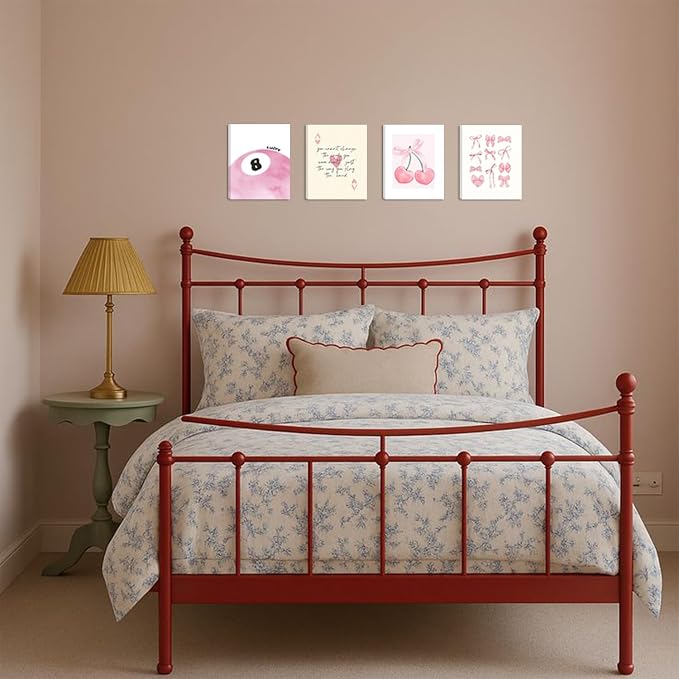 SEHSUVC Pink Coquette Y2K Lucky Wall Art Set of 4, Preppy Aesthetic Canvas - Image 5