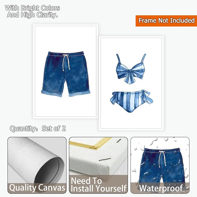Liyark Set of 2 Retro Navy Blue And White Swimsuit Art Posters Beach Bathing - Image 2
