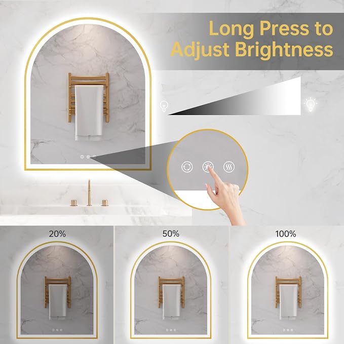 30"x36" Arched LED Mirror for Bathroom, Brushed Gold Lighted Bathroom Mirror - Image 3
