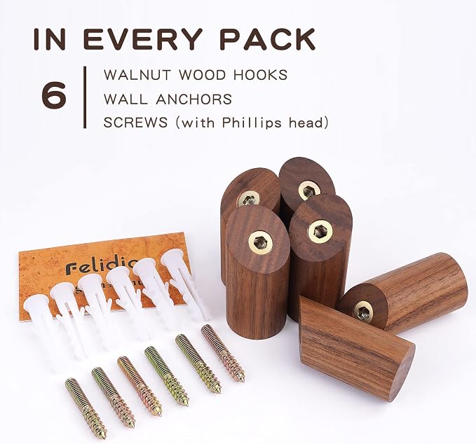 Felidio Wood Wall Hooks, 6 Pack Natural Wooden Coat Hooks Wall-Mounted - Image 5