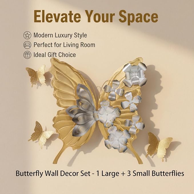 XWYLFDC Large Sized 3D Metal Wall Art Featuring Golden Butterfly - Image 4