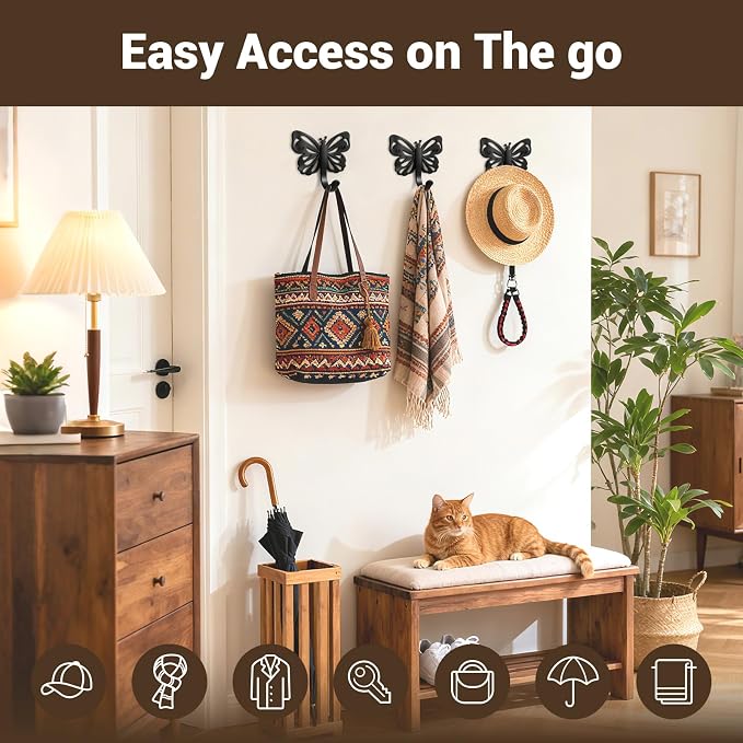 Butterfly Coat Hooks For Wall, Heavy Duty 20LB Black Coat Hooks & Towel Hooks - Image 6